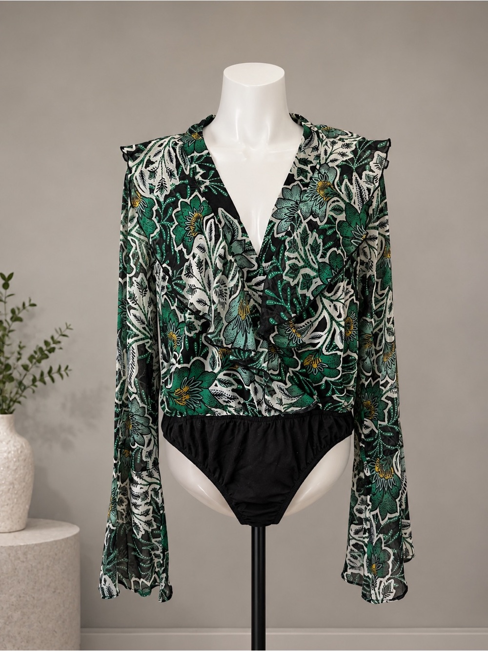 Floral Green Wrap-Style Long-Sleeve Bodysuit